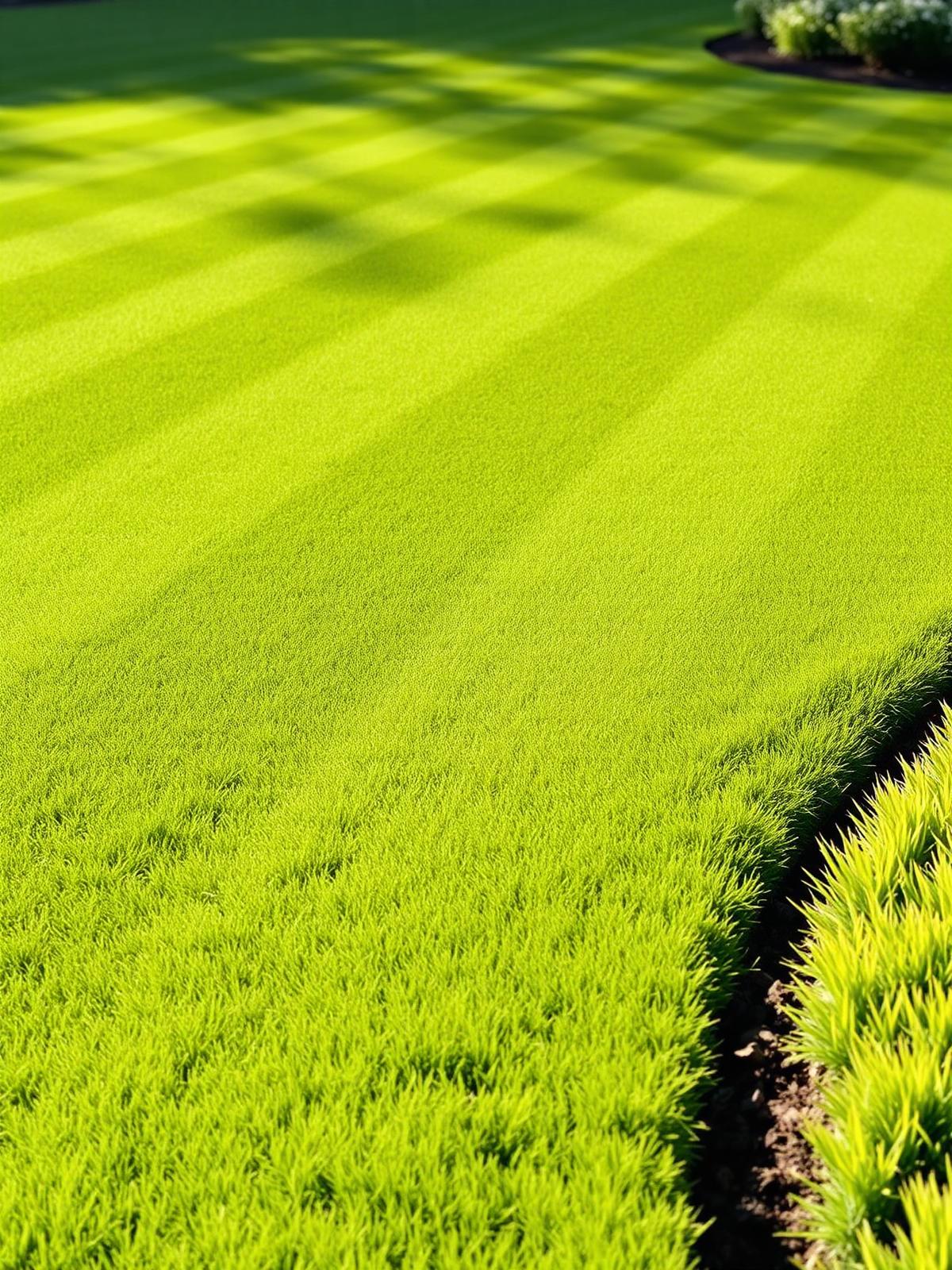 A perfectly manicured green lawn with sharp edges and fresh mower stripes in morning light